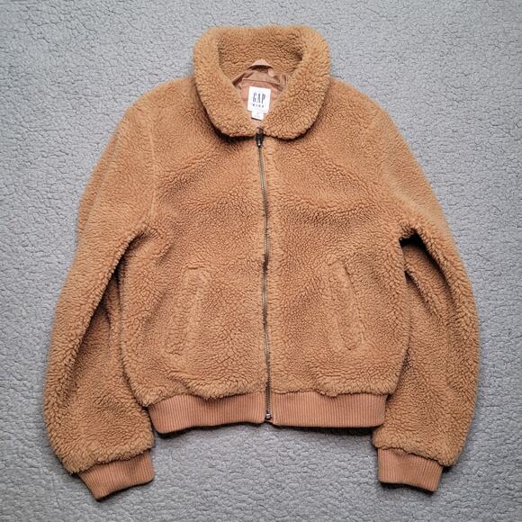 Gap Kids Jacket Medium Tan Brown Sherpa Bomber Zip Collared Fuzzy Soft Cozy - Picture 1 of 7